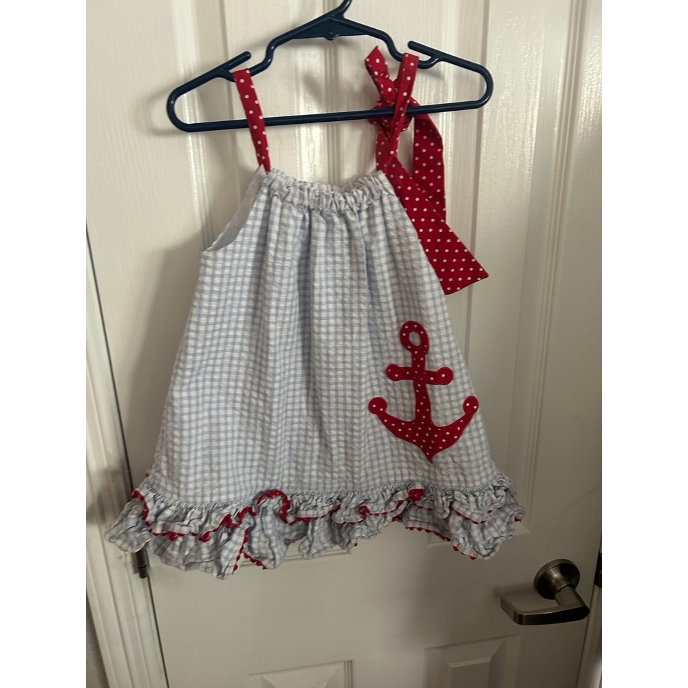 Shrimp & Grits Kids Dress Blue Gingham Red Anchor Polka Dot Nautical Ruffle 3T